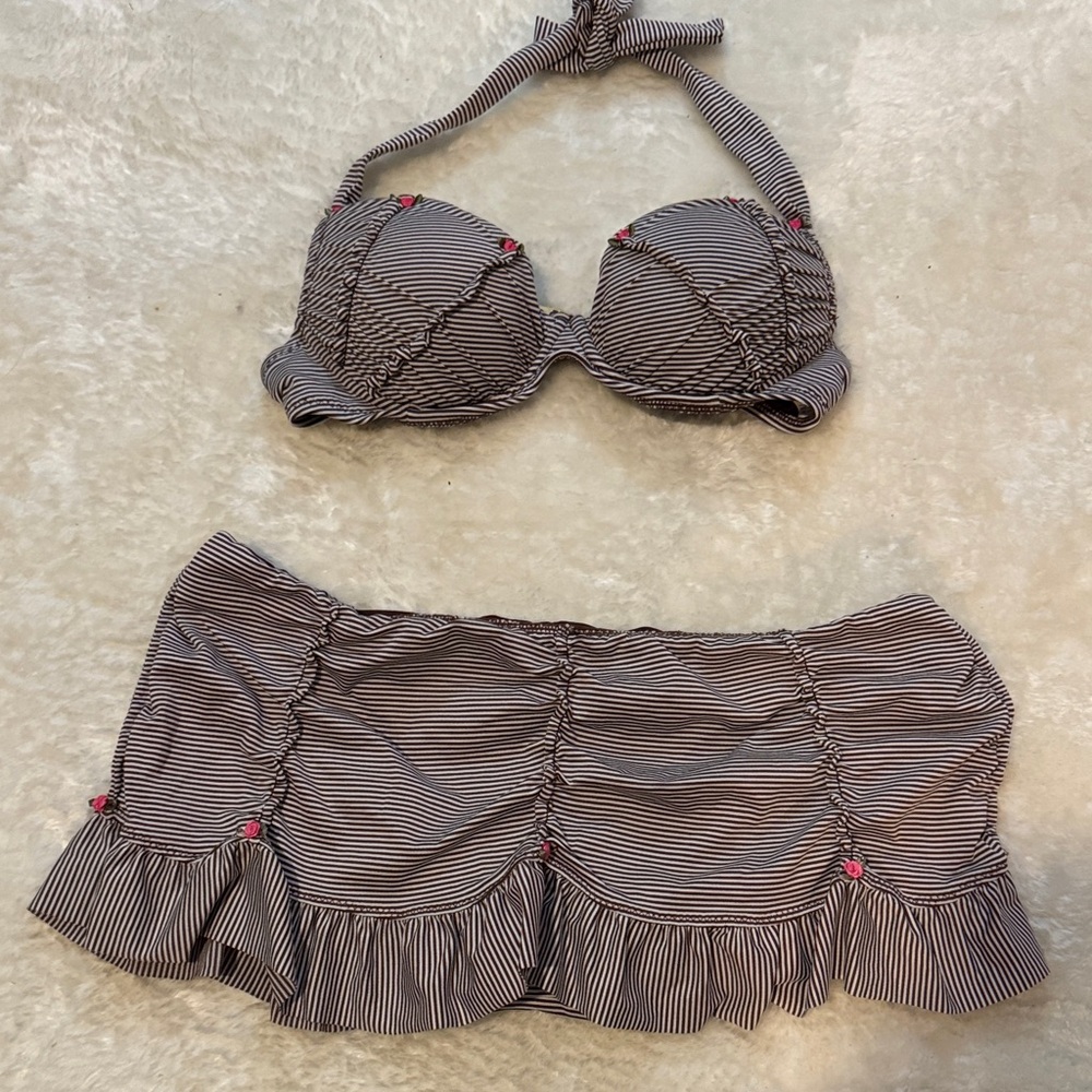 Betsey Johnson Striped Bikini with Ruffle Skirt